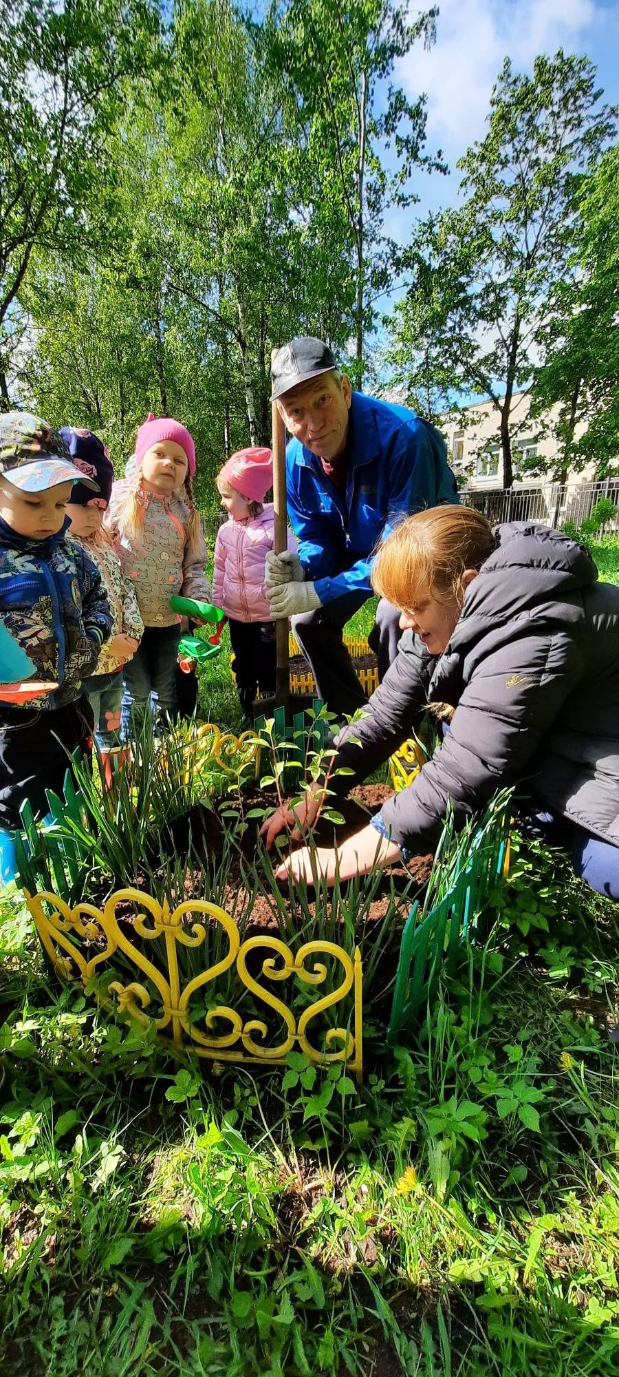 Детский сад Санкт-Петербурга озеленяет территорию.